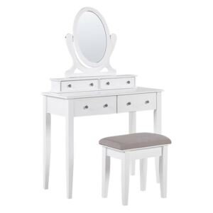 Toaletní stolek, 4 zásuvky, oválné zrcadlo a bílá stolička LUNE