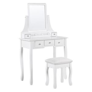 Toaletní stolek s 5 zásuvkami, obdélníkové zrcadlo a bílá stolička RAYON