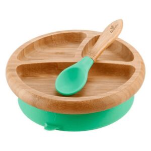 Dětský bambusový talíř s přísavkou a lžičkou | zelená - Avanchy