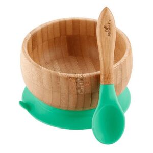 Dětská bambusová miska s přísavkou a lžičkou | zelená - Avanchy