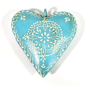 Závěsná dekorace - tyrkysové ručně malované srdce, kov, 11x3x11cm