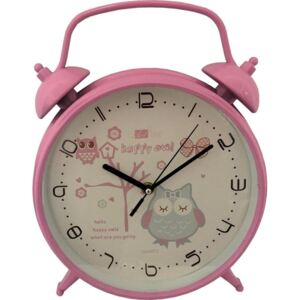 DUE ESSE Nástěnné hodiny ve tvaru budíku se sovou ø 25,5 cm, růžové