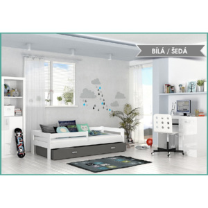 Dětská postel HUGO s barevnou zásuvkou - šedá barva