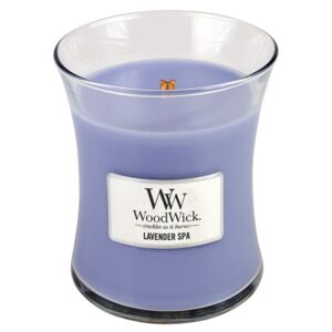 WoodWick - vonná svíčka Lavender Spa (Levandulová lázeň) 275g (Zažijte den v lázních s relaxační vůní speciálně složenou z levandule a eukalyptu.)