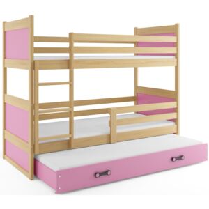 B2b1 BMS-group Patrová postel s přistýlkou RICO 3 90x200 cm, borovice/růžová Pěnová matrace