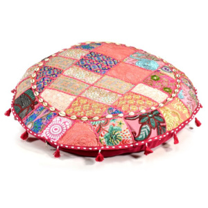Růžový meditační polštář, ručně vyšívaný Kutch Design, kulatý, 75x 25cm