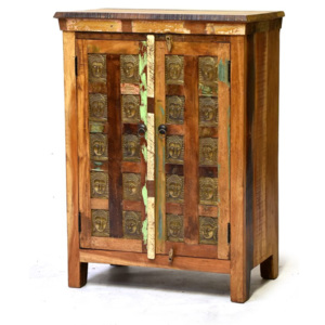 Komoda z antik teakového dřeva, zdobená mosaznými Buddhy, 77x41x104cm