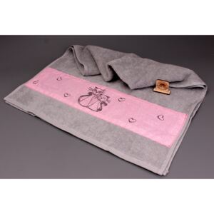Designový ručník šedý - růžový pruh, kočky