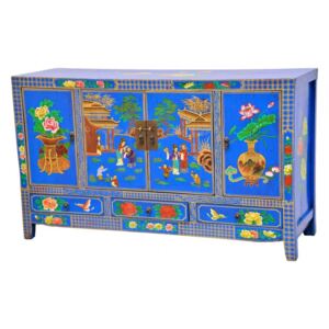 ART-STYLE Orientální skříňka modrá, malba květin a vesnice