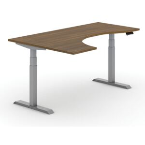 Výškově nastavitelný stůl, elektrický, 625-1275 mm, ergonomický levý, deska 1600x1200 mm, ořech, šedá podnož