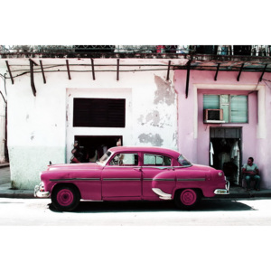 Skleněný Obraz Auta - Růžový Cadillac, (90 x 60 cm)