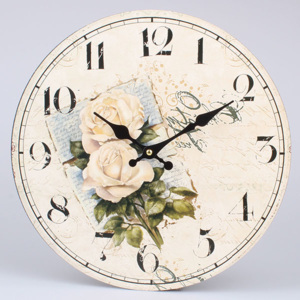 Nástěnné dřevěné hodiny na zeď Bílé růže, 34 cm