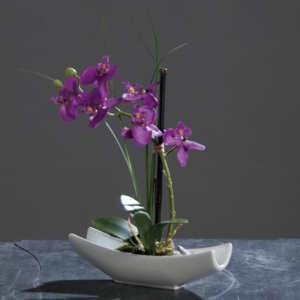 Umělá Orchidea v keramické misce, 6 květů fialová