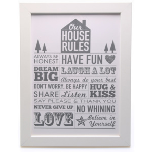 Plakát - House rules v anglickém jazyce v různém barevném provedení Pravidla - House rules - v šedém provedení - v bílém rámu s plexisklem