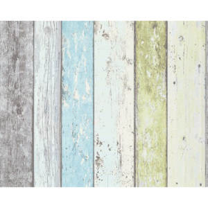 Vliesová tapeta, 8550-77 New England 2 / Wood`n & Stone, motiv laťkový plot, modrá/zelená SKLADEM