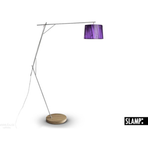 Slamp Woody, designová stojací lampa s fialovo-černým stínítkem v dekoru dřeva se stmívačem, 1x100W, výška max 230cm