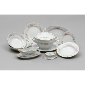Jídelní souprava, karlovarský porcelán, Thun, Bernadotte, růže, zlatá linka, 25 dílná