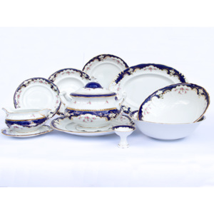 Jídelní souprava, český porcelán, Sonáta, květiny, kobalt + zlato, Leander, 25 d