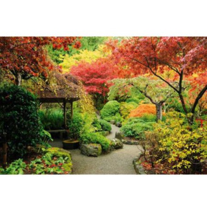 FL-255-027 Samolepicí fototapety na podlahu Japonská zahrada | 255 x 170 cm | oranžová, zelená, žlu
