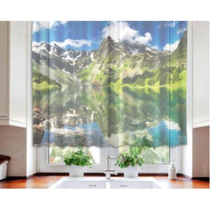 Hotové záclony do kuchyně - fotozáclony Jezero | 140 x 120 cm | modrá, šedá, bílá, zelená