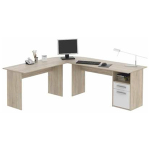 Kancelářský rohový PC stůl se zabudovanou skříňkou v provedení bílé barvy a dubu sonoma TK188