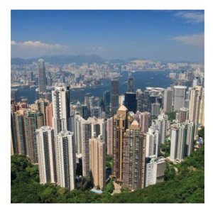 L-106 Vliesové fototapety na zeď Hong Kong | 220 x 220 cm | zelená, šedá, modrá, béžová