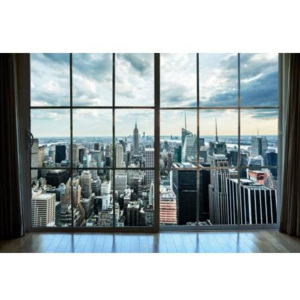 XL-412 Vliesové fototapety na zeď Manhattan výhled z okna | 330 x 220 cm | šedá, modrá, hnědá