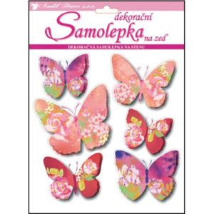 Samolepky na zeď 3D růžoví motýli s květinovým dekorem 10152 / Samolepicí pokojová dekorace pro děti Room Decor (30 x 22 x 1 cm)