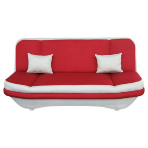 Pohovka rozkládací s úložným prostorem v červené barvě s bílými dekoračními polštářky PRIMO