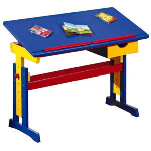 Psací stůl MEIKE, nastavitelný sklon a výška, MDF / masiv, modrá, žlutá, červená