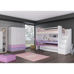 Dětský pokoj s patrovou postelí pro 3 holky Flexi - pink - Psací stůl : 205x76x60
