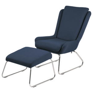 Relaxační křeslo s taburetem v modré barvě s kovovou podnoží DO157