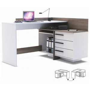 Rohový PC stůl TALE, tmavý dub/bílá