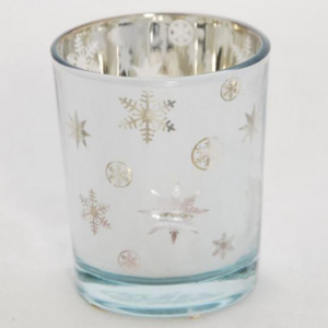 Svícen skleněný na votivní svíčky stříbrný s vločkami 5,5x5,5x6,5cm