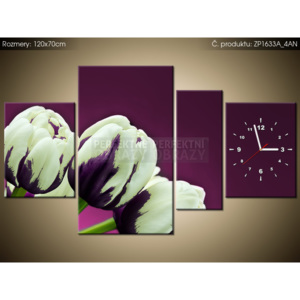 Tištěný obraz s hodinami Bílé tulipány a fialová 120x70cm ZP1633A_4AN (Různé varianty)