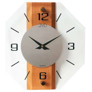 Hranaté dřevěné skleněné nástěnné hodiny JVD quartz N2238.41