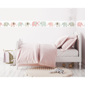 Lovely Label Samolepící tapeta na zed "Sloni" - bílá s barevnými slony (pastelové barvy)