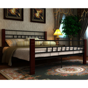 Kovová postel s dřevěnými nohami, 140 x 200cm Dekorhome
