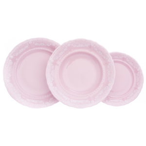 Talířová souprava Sonáta, bílá krajka, růžový porcelán, Leander, 18 dílná