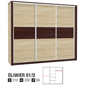 Šatní skříň OLIWIER 01D + (Prostorná šatní skříň s posuvnými dveřmi v kombinaci Dub Sonoma světlý/tmavý)