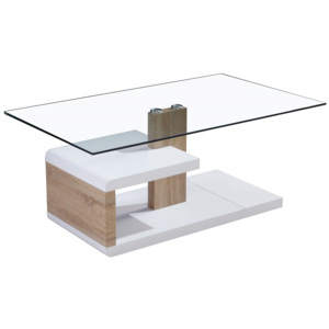 Zajímavě tvarovaný bílý konferenční stolek v kombinaci s dubem sonoma a skleněnou deskou TK184