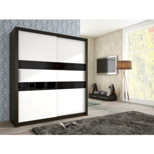 Stylová šatní skříň s posuvnými dveřmi JENA 180 wenge/bílý mat + černé sklo