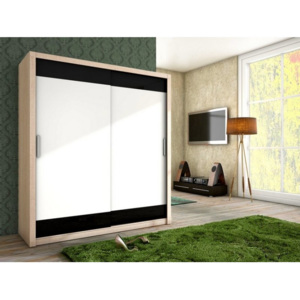 Stylová šatní skříň s posuvnými dveřmi VERA 180 sonoma/bílý mat + černé sklo
