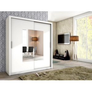 Levná šatní skříň s posuvnými dveřmi ALFA 180 se zrcadlem bílý mat