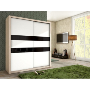 Moderní šatní skříň s posuvnými dveřmi JENA 180 sonoma/bílý mat + černé sklo