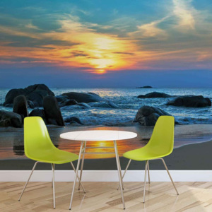 Fototapeta, Tapeta Pláž, moře, oceán, skály, západ slunce, (211 x 90 cm)