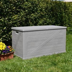 Zahradní úložný box na nářadí a polstry WOOD LINE 420 L - barva šedá