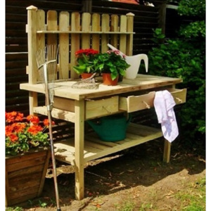 Zahradní pracovní stolek dřevěný se zásuvkami a vertikální zástěnou