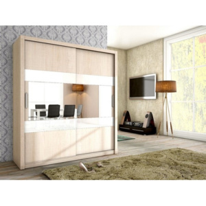 Moderní šatní skříň ALDOS 180 se zrcadlem sonoma + bílé sklo