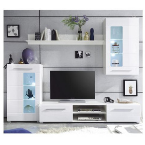 Obývací stěna HENRI, bílá extra vysoký lesk / čiré sklo